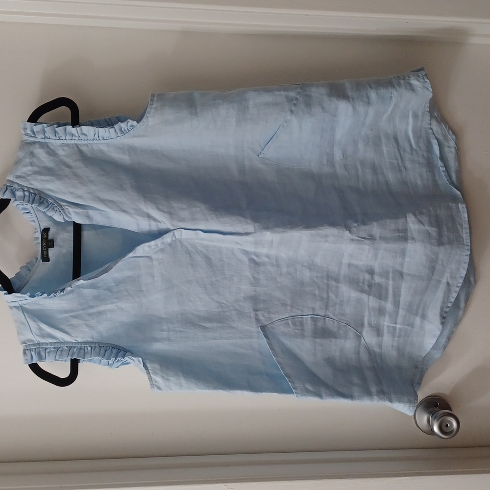 For Cynthia 100% linen light blue ruffled sleeveless blouse/ Med